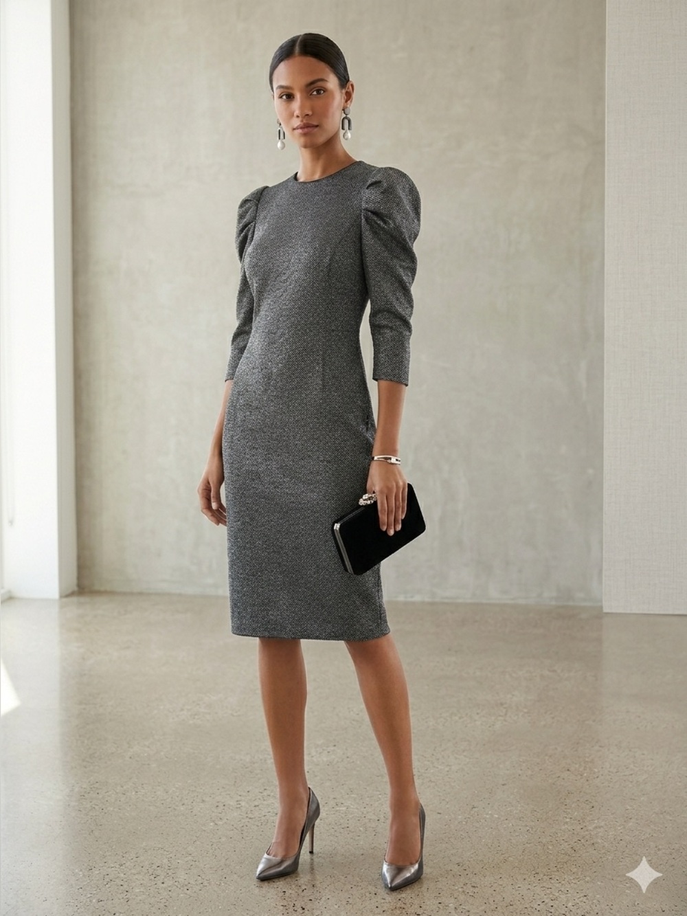 Halston Metallic Silver Puff Sleeve Sheath Dress - Size 2 (Xs)